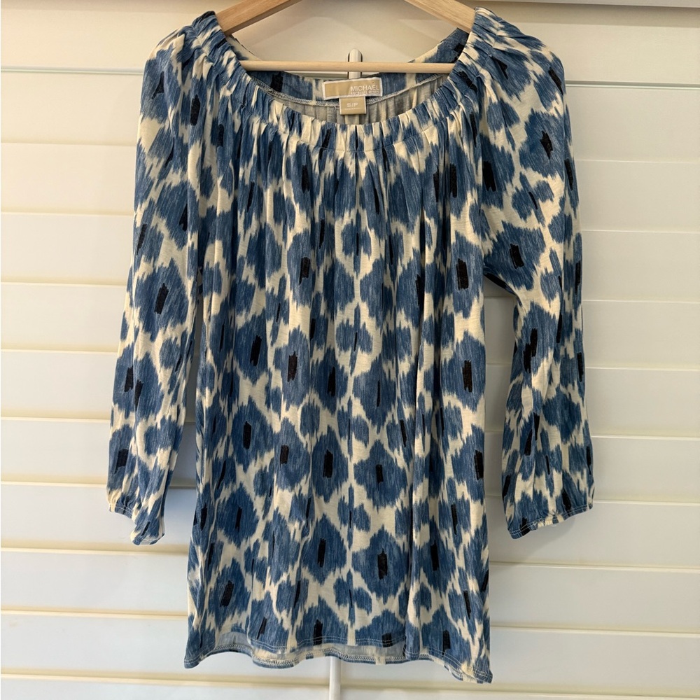 Michael Kors Blue and Cream 3/4 Length Sleeve Top - Picture 2 of 4